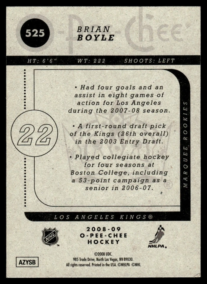 2008-09 O-Pee-Chee MARQUEE ROOKIES Brian Boyle Rookie Los Angeles Kings #525 - Image 2 of 2