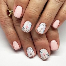 Spring Press on Nails Short Square Fake Nails with Pink Flower Design Pink Acryl