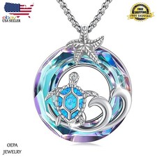 925 Sterling Silver Sea Turtle Necklace Crystal Women Girls Sea Turtle Necklace