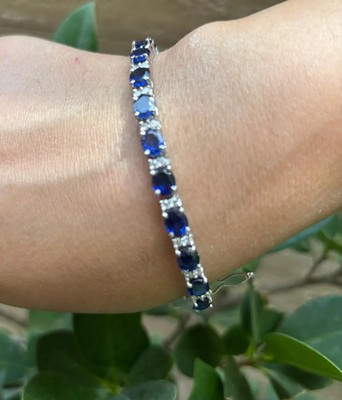 14.00 Ct Oval Natural Sapphire Diamond Tennis Bracelet 14K White Gold 7.5 Inch