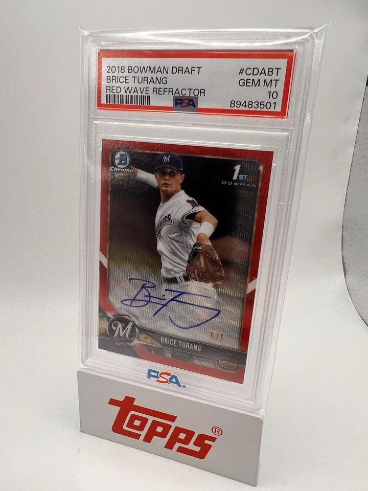 2018 Bowman Chrome Brice Turang 1st Red Wave /5 Autograph PSA 10 GEM MINT POP 1 - Image 2 of 4