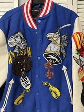 Reason Letterman Varsity Jacket Men's XL Blue Red Tan Embroidered Streetwear EUC