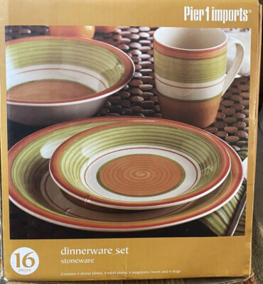 Set 4 Pier 1 One Vintage Red Green Orange Dinner Plates  Pier 1 Orange and Green Dinnerware Set Elegant Dining display picture 1