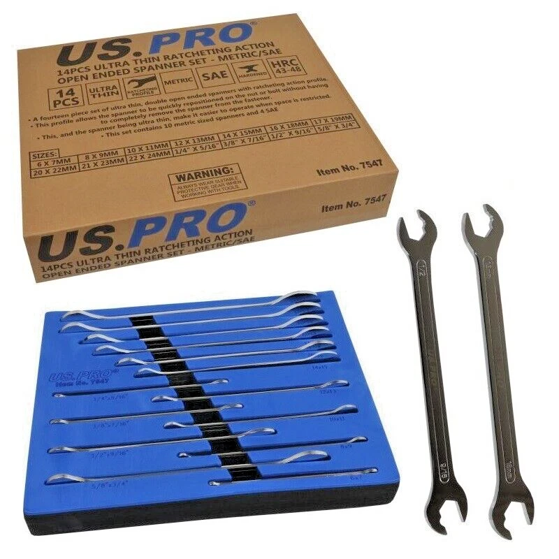 Ultra Thin Flat Open End Spanner Set Ratchet Action Metric SAE
