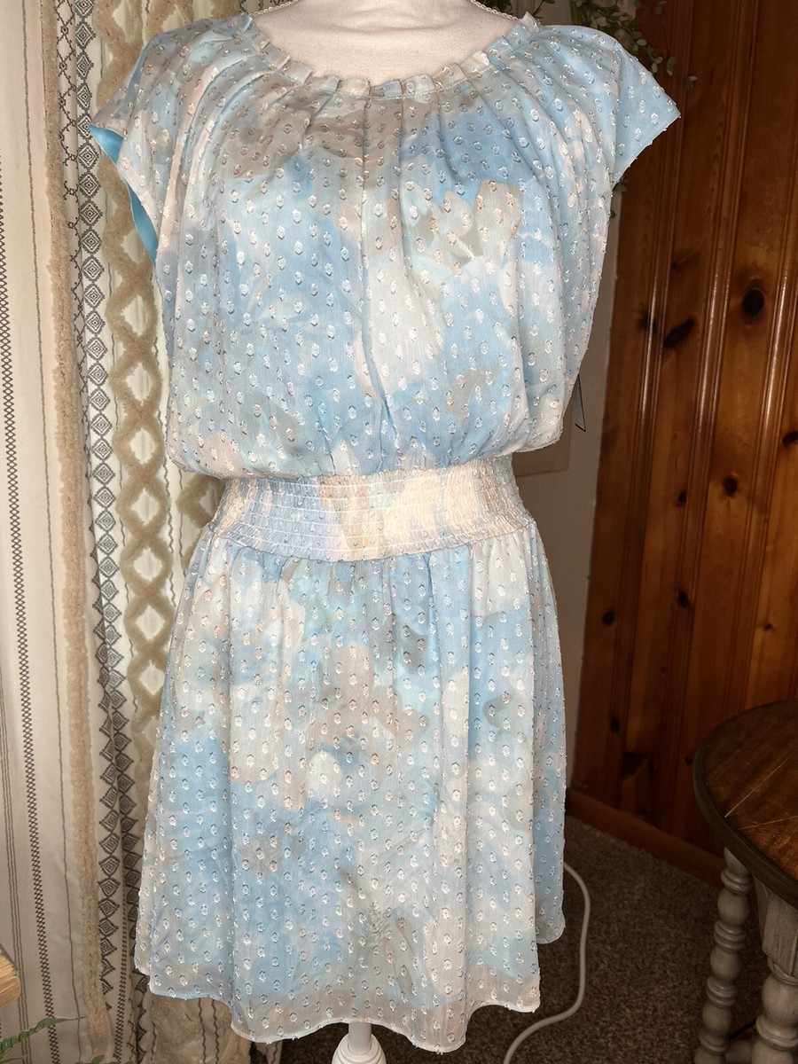 LC LAUREN CONRAD NWT Blue White Flutter Sleeve Lace pullover lined dress  Size M