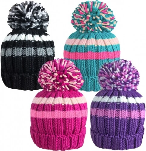 ROCKJOCK™ Kids Unisex Girls Striped Chunky Knitted Winter Ski Bobble Hat One Size