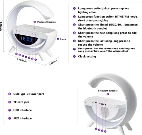 Large Smart Wireless Charger Alarm Night Light Lamp Bluetooth Speaker with UK - Picture 7 of 7