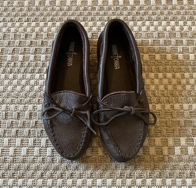 MINNETONKA 9.5 Wide Classic Moosehide Moose Leather Hardsole Moccasins Brown 492