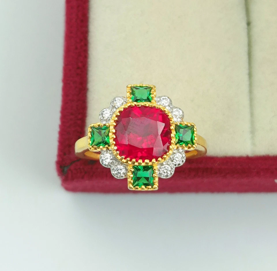 925 Sterling Silver Red Ruby Lab-Created Gold Plated Handmade Ring - Image 4 of 4