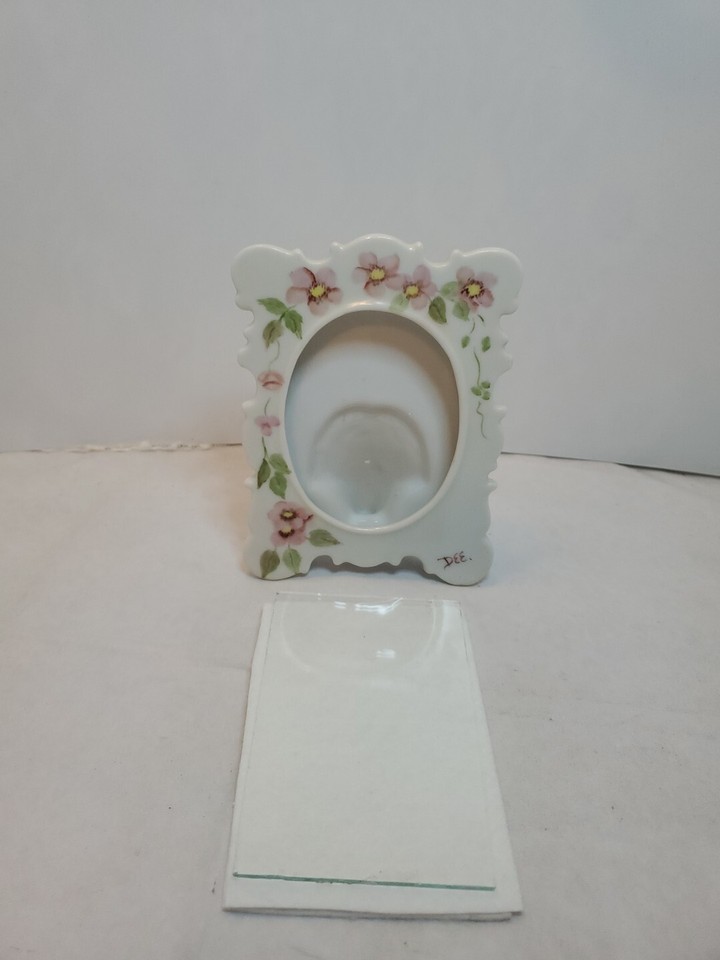 Vintage Porcelain Photo Frame Oval Center Hand Painted Flowers Signed