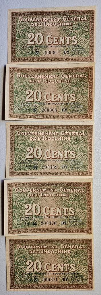 Indochina 20 Cents 1939 Unc Lot of 5 Consecutive Serial #200367-371 BY