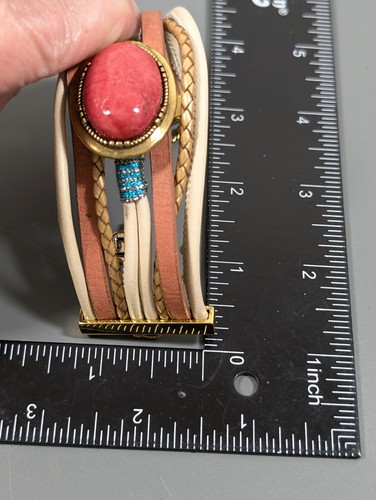 LJ Red Stone Leather Multi Strand Adjustable Bracelet Wide Boho Western - Picture 9 of 9