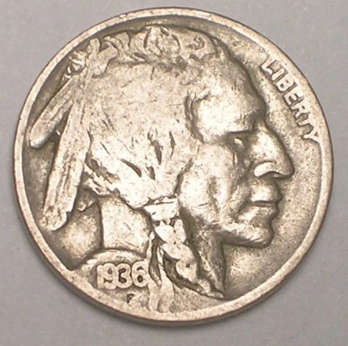 1936 D Buffalo Indian Head Nickel 5 Cents Coin VF