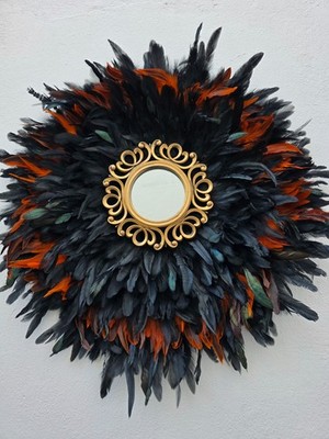 Schwarz Handarbeit Feder Wandspiegel Boho Juju Style 70cm Statement Deko Unikat
