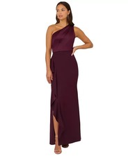 Adrianna Papell Purple Bordeaux Glow One-Shoulder Satin-Trim Gown Size 10 199