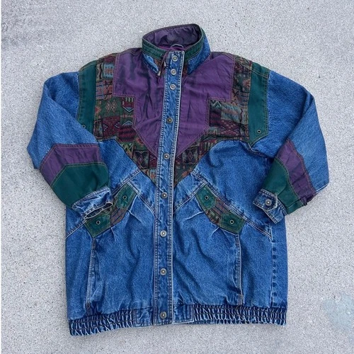 Vintage Current Seen Southwestern Aztec Patchwork Denim Jacket Large - product listing photo