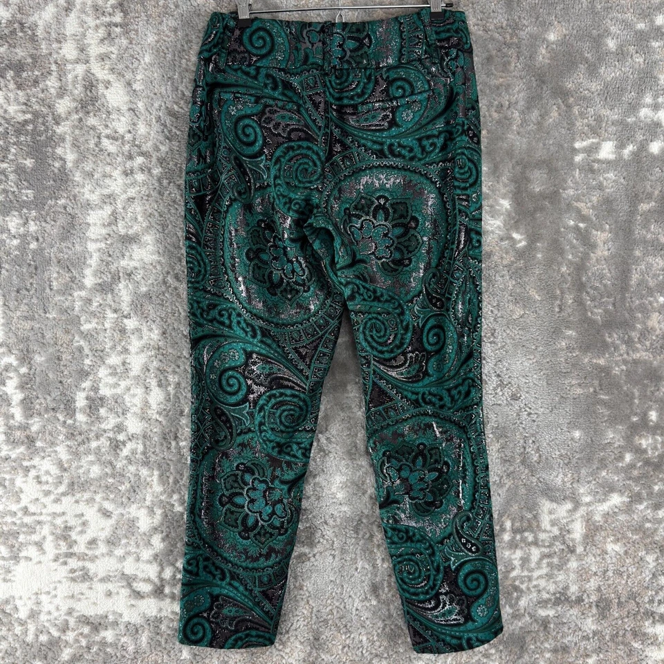 Alice + Olivia Sz 8 Teal Silver Metallic Paisley Jacquard Chino Dress Pants Tape - Image 3 of 4