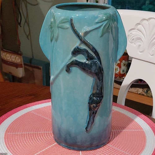 Antique Roseville 290-11  WINCRAFT PANTHER 10.5" Vase Urn Glossy Light Blue