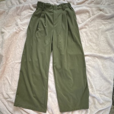 NWT Halara Pleated Wide-Leg Pants Green Polyester Elastic Waist Women's Petites