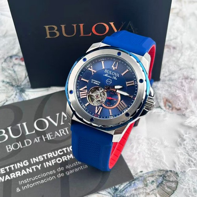 #ad Bulova Marine Star 45mm Men#x27;s Automatic Watch Blue Dial Silicone Strap 98A282 $242.88