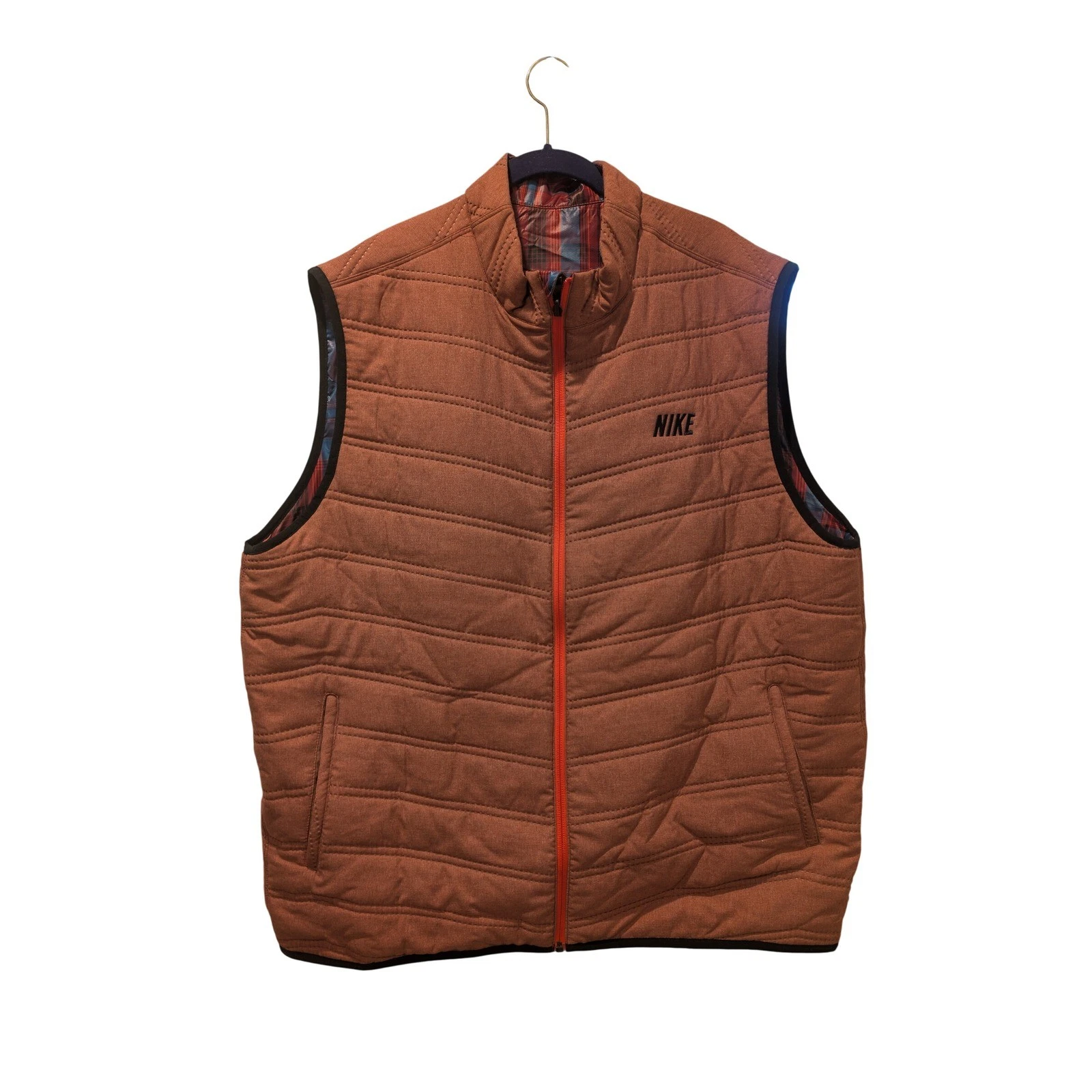 Nike Reversible Puffer Vest Mens Burnt Orange Quilted Plaid Full Zip 0354