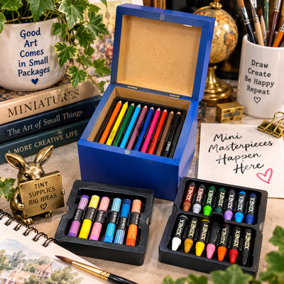 Xonex Mini Artist Art Set Wood Cube Box Tiny Pencils Pastels Crayons Vintage