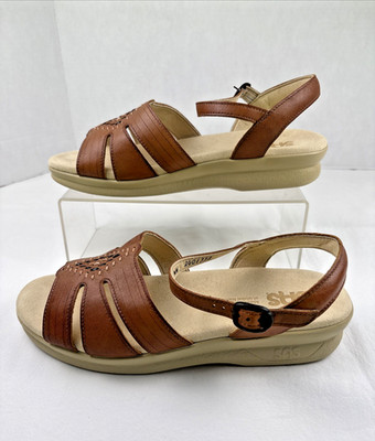 SAS Huarache Brown Comfort Low Wedge Leather Open Toe Sandals Women's Size 9 WW