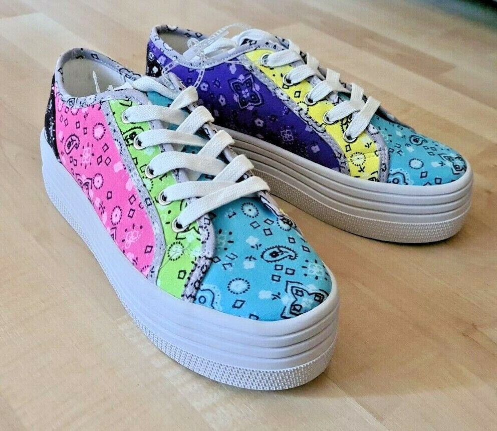 Steve Madden Bobbi 30 Multi Platform Wedge Sneakers Bandana Rainbow Size  M