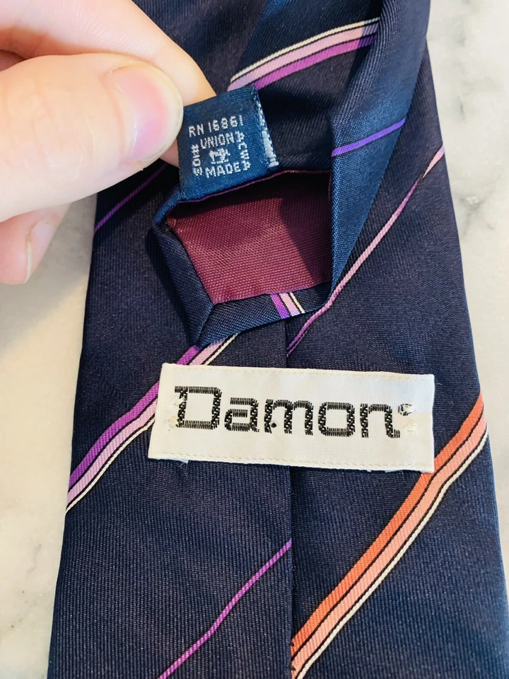 Corbata Damon 100% Seda Italiana Vintage Hecha en Unión a Rayas Flor Foto 4 de 4