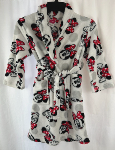 Girl's Disney Minnie Mouse White Robe w/Tie Soft Fleece, Blk/Red/Gray Dots, Sz 6