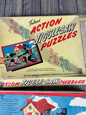 Vintage RARE Inlaid Action Jiggle-Saw Puzzles Set Milton Bradley