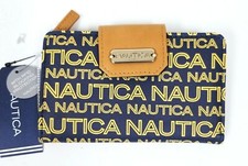 NEW NAUTICA BLUE+YELLOW MONOGRAM LEATHERETTE,TAN TAB BI-FOLD WALLET,CLUTCH
