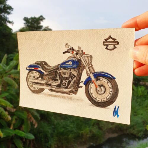 Motorcycle Painting Fat Boy 2023 Original Art Postcard Harley Davidson By Marina - Picture 9 of 12