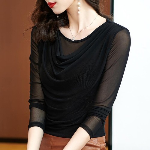 Lady Formal Mesh Basic Blouse Top Cowl Slim Fitted Pleated T Shirt Pullover Top - Picture 5 of 19