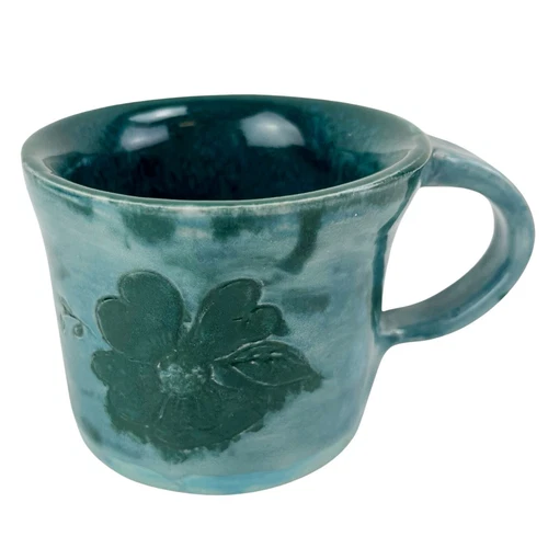 Studio Art Pottery Coffee Mug Cup Flower Hand Thrown Teal Blue Brutalist 8 oz