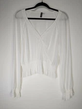Divided H&M Size 8 White Gauze Bohemian V-Neck Long Sleeve Top