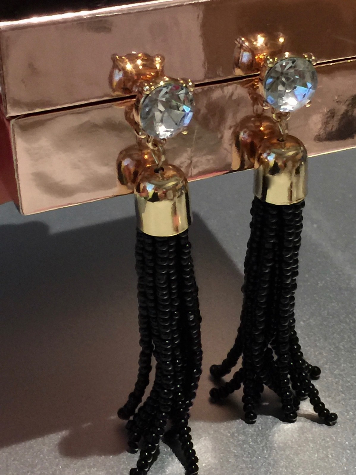 Black Long Tassel Crystal Earrings Gold Plated Finish 3” Long-image