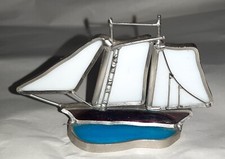 Vintage Stained Glass Boat Ship Sailing Suncatcher Blue White and Black