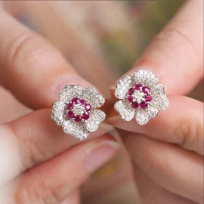 Art Deco Style Lab Created Diamond & Ruby Flower 925 Silver Engagement Earrings - Image 3 of 4