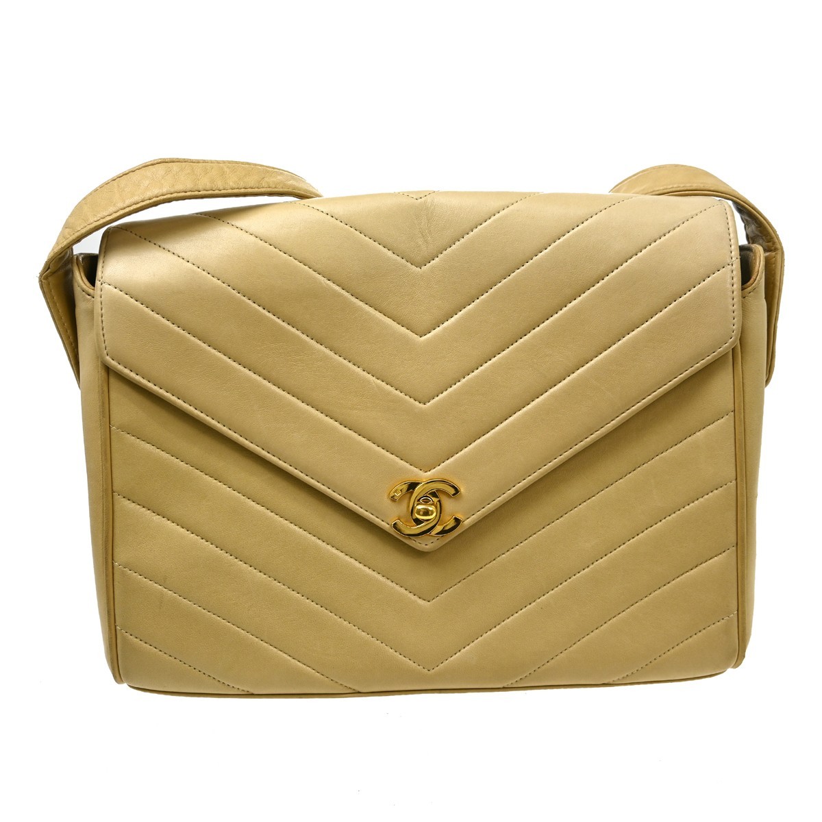 Chanel Beige Lambskin Chevron Shoulder Bag NQ08651