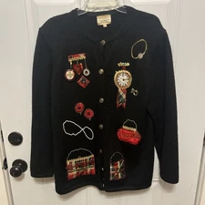 Susan Bristol Vintage 100% Wool Embroidered Beaded Cardigan Sweater L    READ