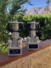 Two Rare Inmortals Porcelain Blue/White Statues Candlestick Asian Heavy 13”