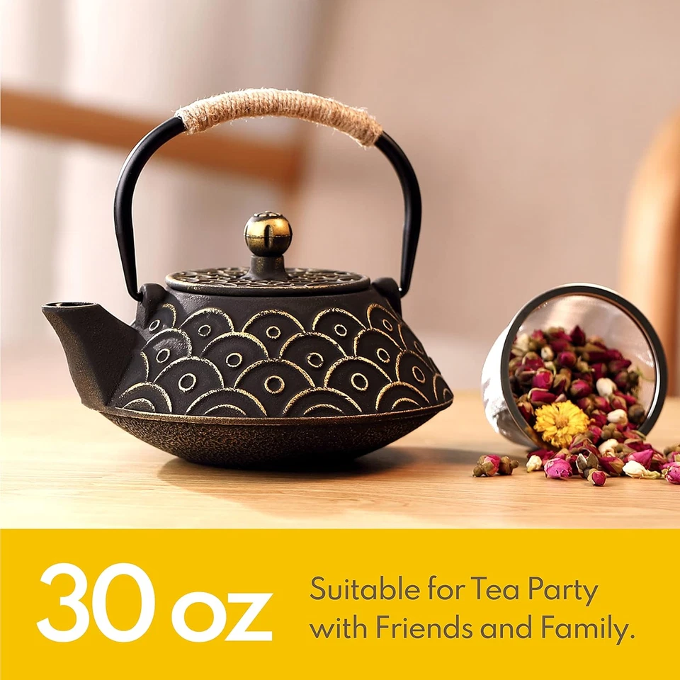 Juego de tetera de hierro fundido japonés negro dorado de 30 oz tetera de hojas sueltas para sueltas Foto 4 de 4