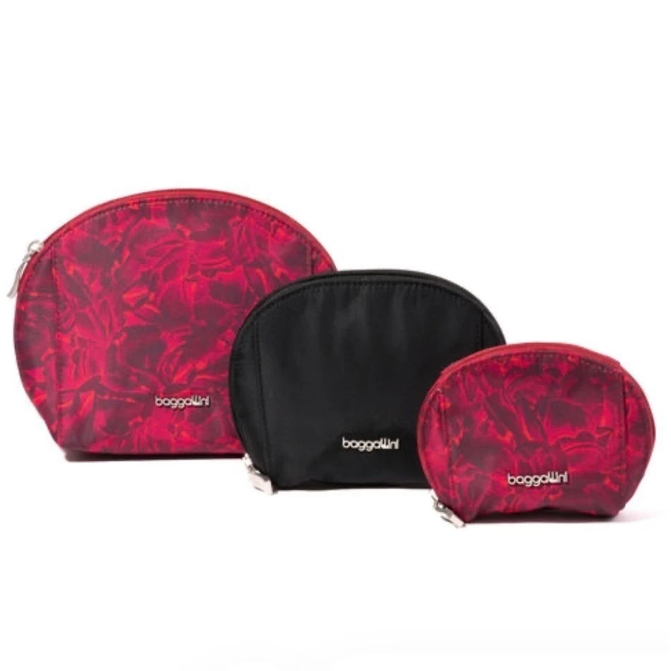Baggallini Cosmetic Case Set Women OS Red Black Floral Trio Pouches