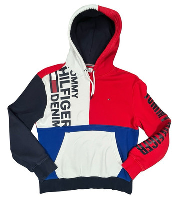 Tommy Hilfiger Denim Mens Large Red White Blue Hooded Sweatshirt Hoodie