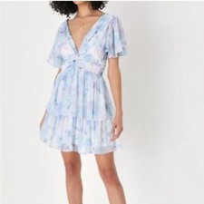 Sunny Evenings Blue Multi Lurex Flutter Sleeve Mini Dress Lulus medium