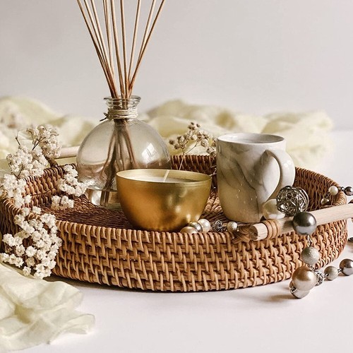 Hand Woven Creativity Round Coffee Table Decorative Tray Wicker Serving Tray - 第 5/9 張圖片