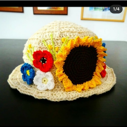 Cappellino con Girasole e Fiori Neonata Bambina Cotone Uncinetto Fatto A  Mano | eBay