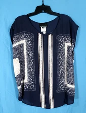 CYNTHIA ROWLEY Thin CHIFFON Navy Blue SCARF PRINT Oversized BLOUSE/TOP TUNIC  M
