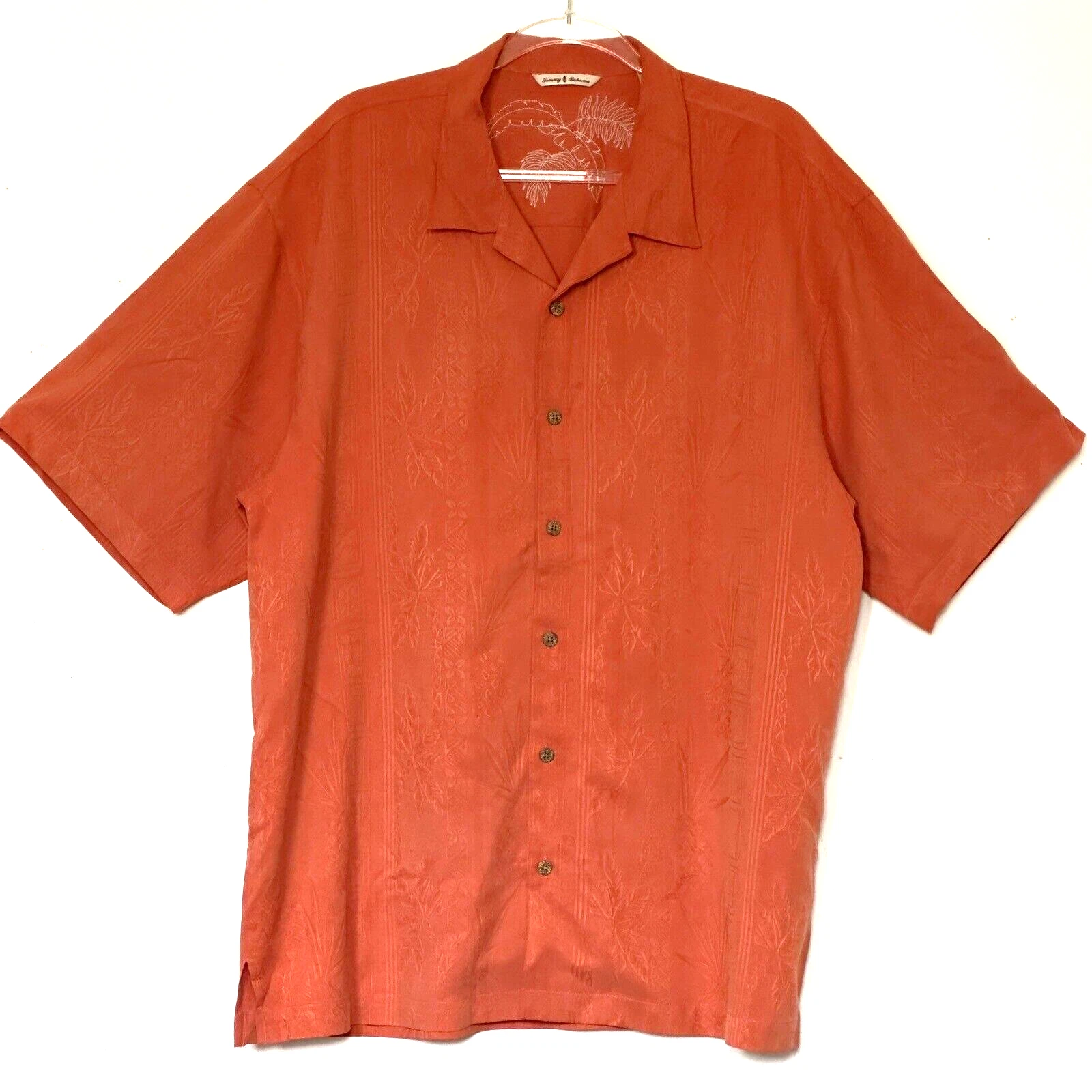 Tommy Bahama Hawaiian Silk Shirt Mens XL Rust Orange Pineapple Palm Tree Floral